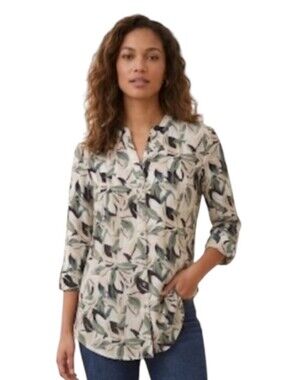 Ava & Grace Earth Tone Leaf Print Henley Blouse with Roll-Tab Sleeves Sz M